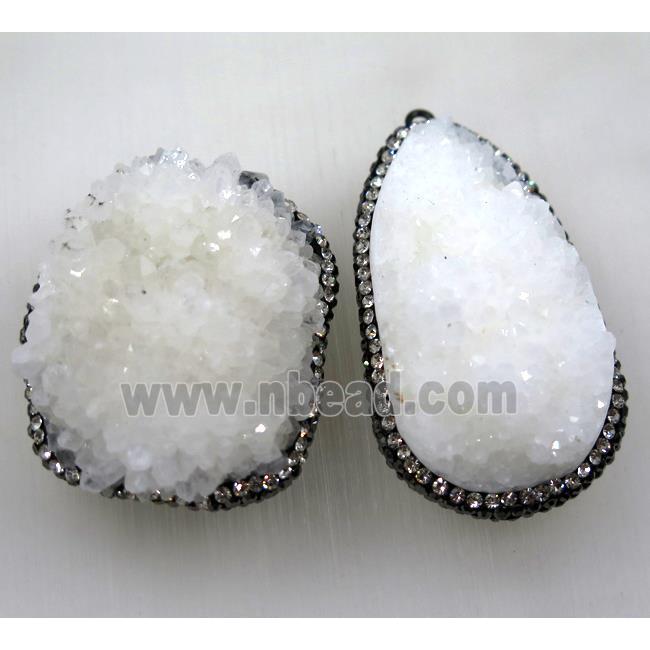 white quartz druzy pendant pave rhinestone, freeform