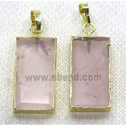 rose quartz pendant, faceted rectangle, gold plated