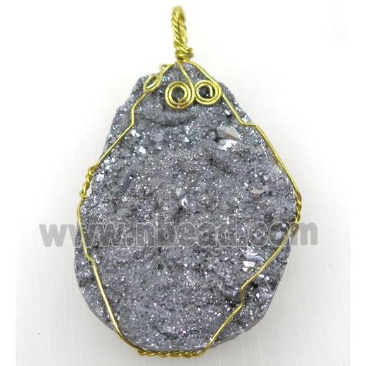 silver solar agate druzy slice pendant with wire wrapped, freeform