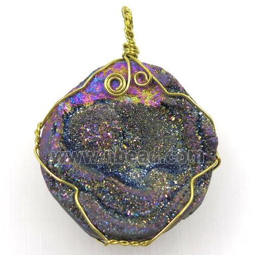 rainbow solar agate druzy slice pendant with wire wrapped, freeform