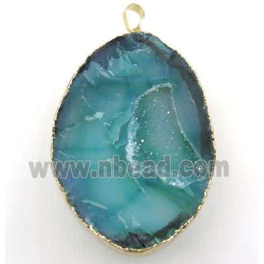 green druzy agate geode pendant, freeform, gold plated