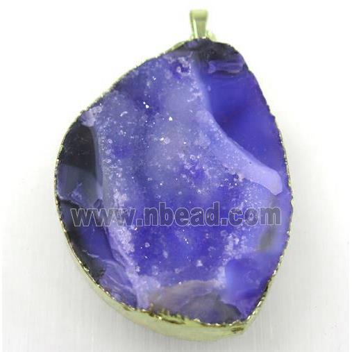 purple druzy agate geode pendant, freeform, gold plated