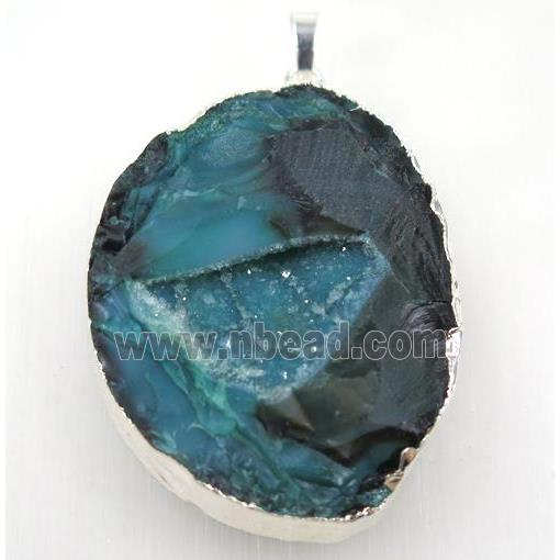 green geode agate druzy pendant, freeform, silver plated
