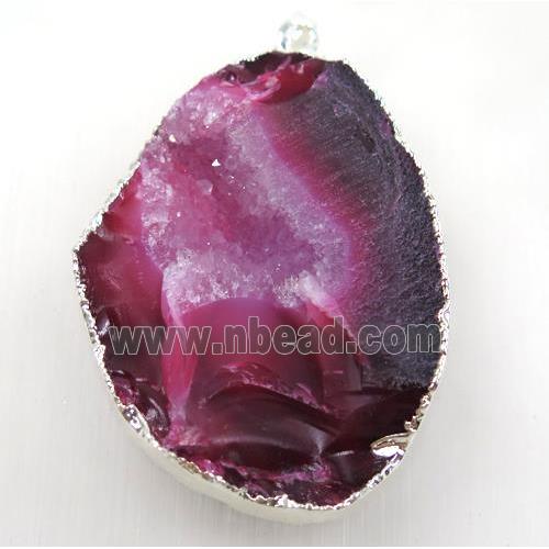 red geode agate druzy pendant, freeform, silver plated