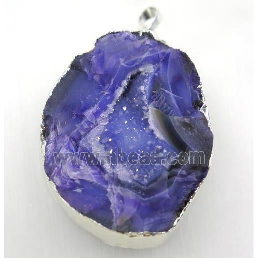 purple geode agate druzy pendant, freeform, silver plated
