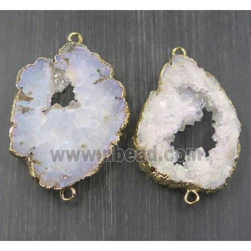 white ab color druzy agate slice connector, freeform, gold plated