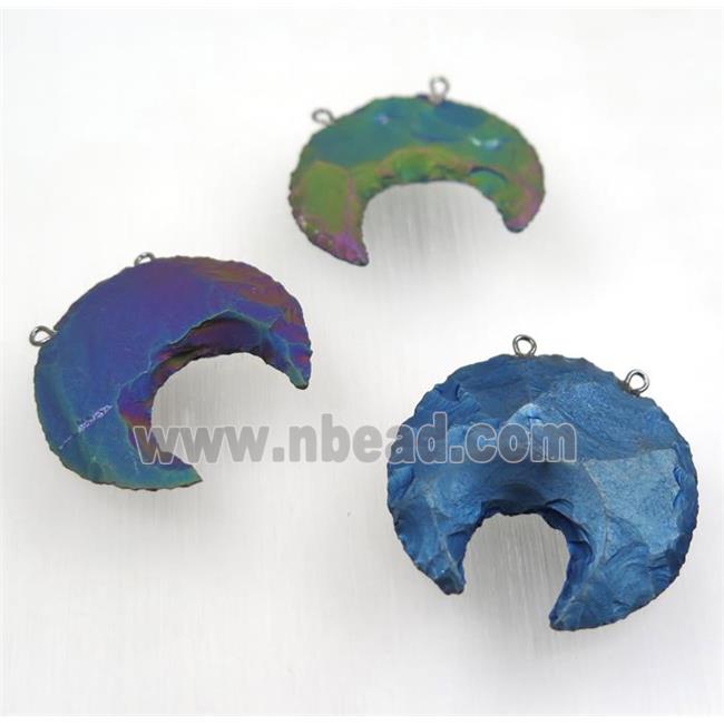 hammered Rock Agate crescent pendant with 2loops, mix color