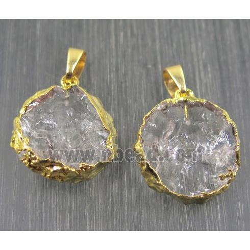Hammered Clear Quartz pendant, flat-round, gold plated