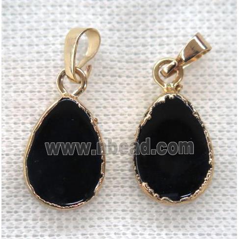 black agate pendant, teardrop, gold plated