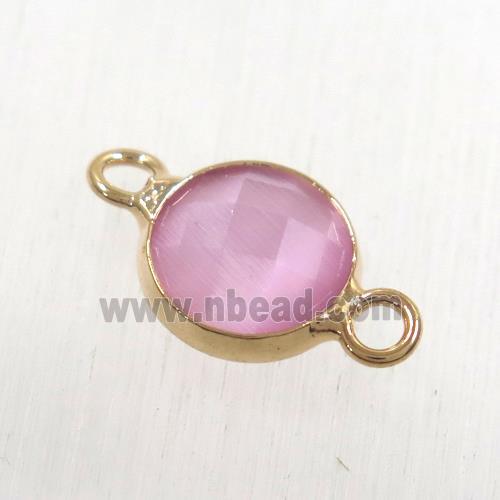 pink cats eye stone connector, faceted flat round, rose gold plated