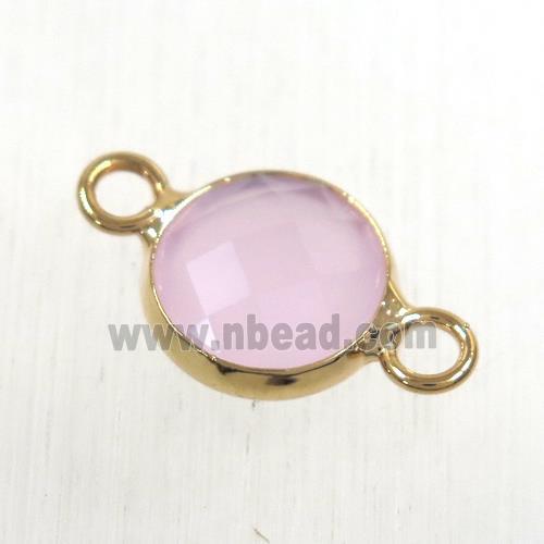 pink Chinese crystal glass connector, faceted flat round, rose gold plated