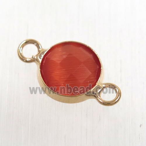 red cats eye stone connector, faceted flat round, rose gold plated