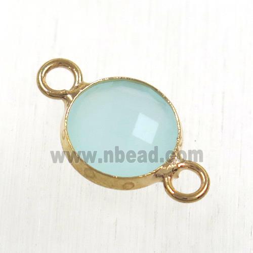 aqua Chinese crystal glass connector, faceted flat round, rose gold plated