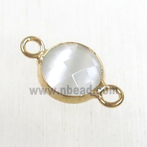 white cats eye stone connector, faceted flat round, rose gold plated