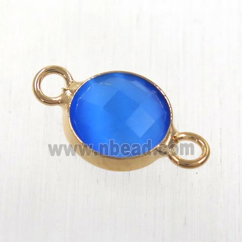 blue cats eye stone connector, faceted flat round, rose gold plated