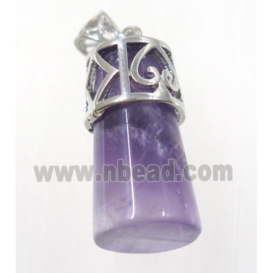 purple Amethyst column pendant, copper, platinum plated