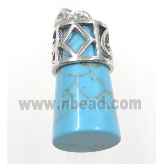 aqua dyed Turquoise column pendant, copper, platinum plated