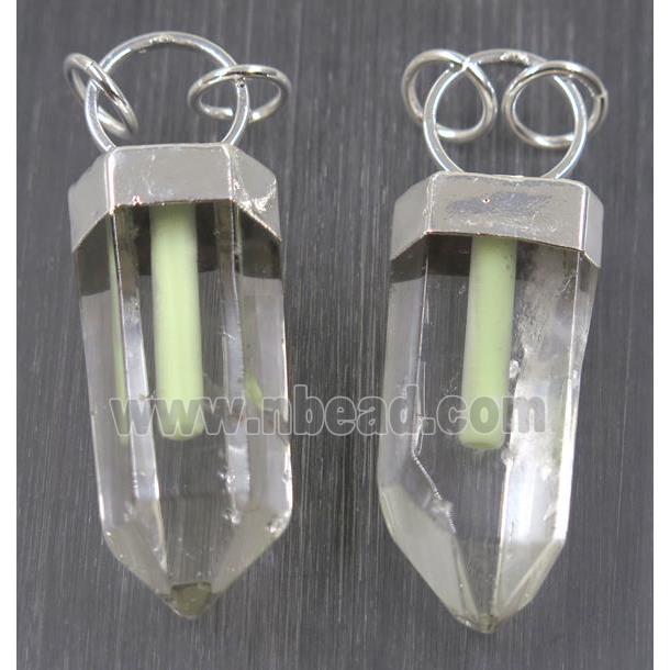 Clear Quartz pendant with Fluorescent stick, silver plated