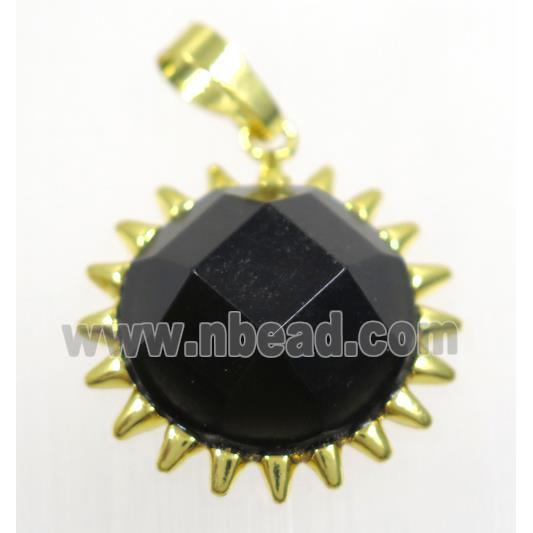 black onyx agate sunflower pendant, gold plated