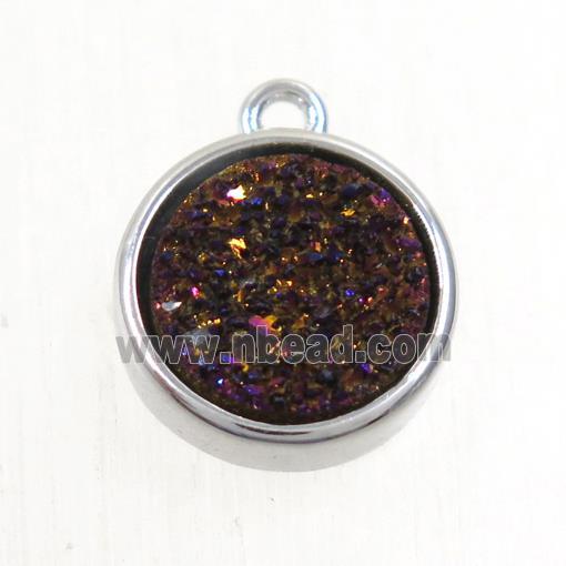 purple Druzy Agate pendant, flat round, platinum plated