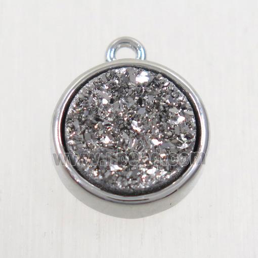 silver Druzy Agate pendant, flat round, platinum plated