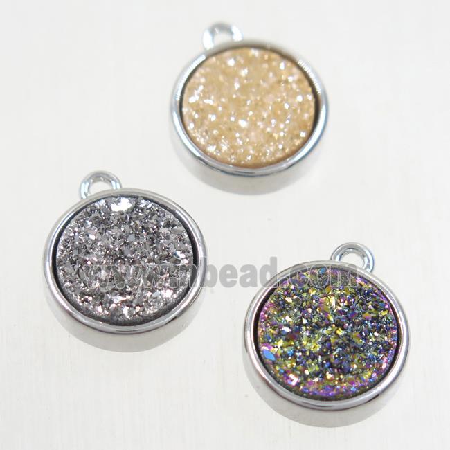 Druzy Agate pendant, mix color, flat round, platinum plated