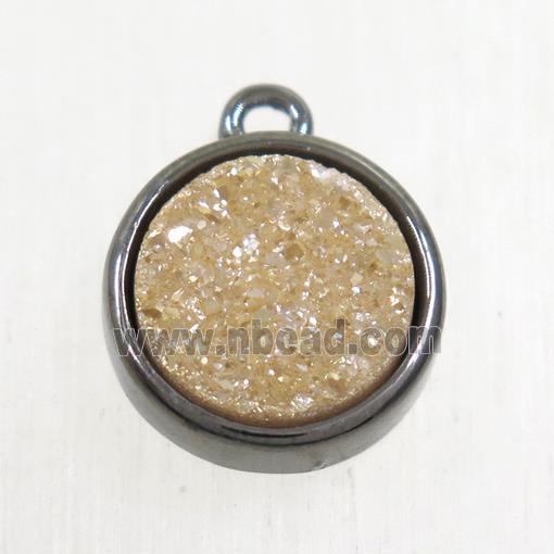 golden champagne Druzy Agate pendant, flat round, black plated