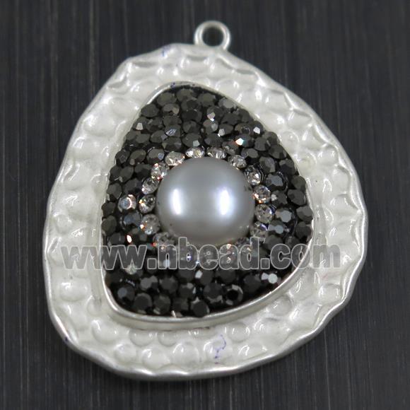 white Pearl pendant pave rhinestone, copper, duck silver plated