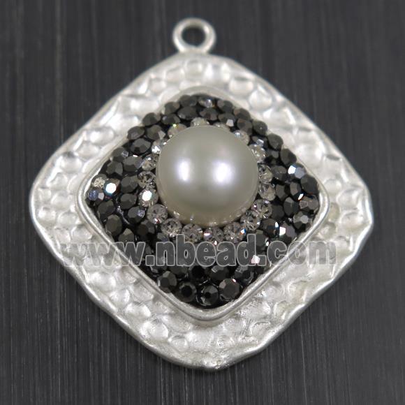 white Pearl pendant pave rhinestone, copper, square, duck silver plated