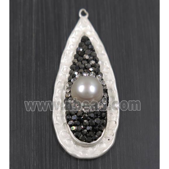 white Pearl pendant pave rhinestone, copper, teardrop, duck silver plated