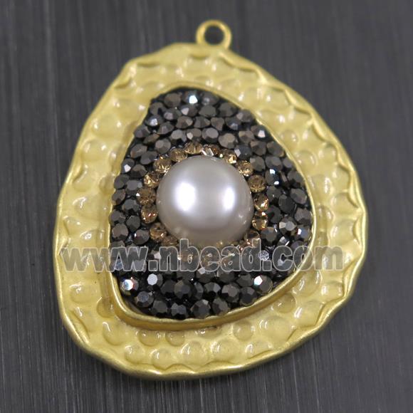 white Pearl pendant pave rhinestone, copper, duck gold plated