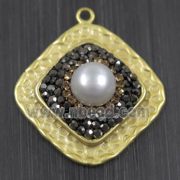 white Pearl pendant pave rhinestone, copper, square, duck silver plated