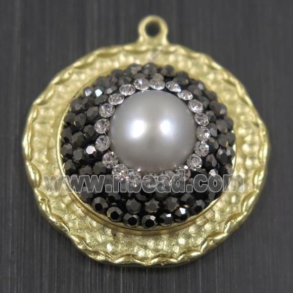 white Pearl pendant pave rhinestone, copper, flat round, duck silver plated