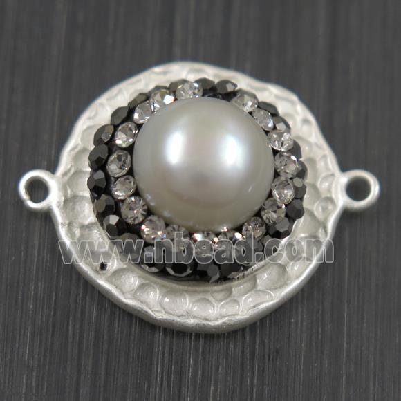 white Pearl connector pave rhinestone, copper, flat round, duck silver plated