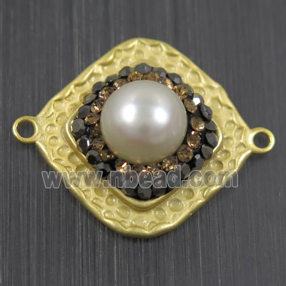 white Pearl connector pave rhinestone, copper, square, duck gold plated