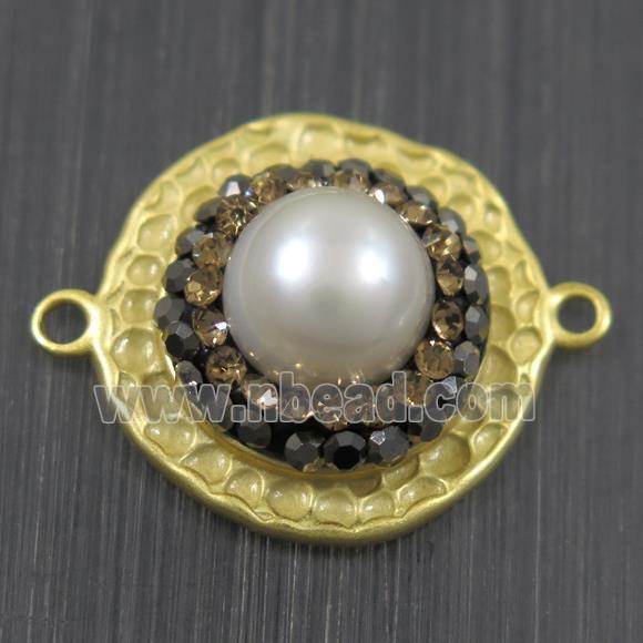 white Pearl connector pave rhinestone, copper, flat round, duck gold plated