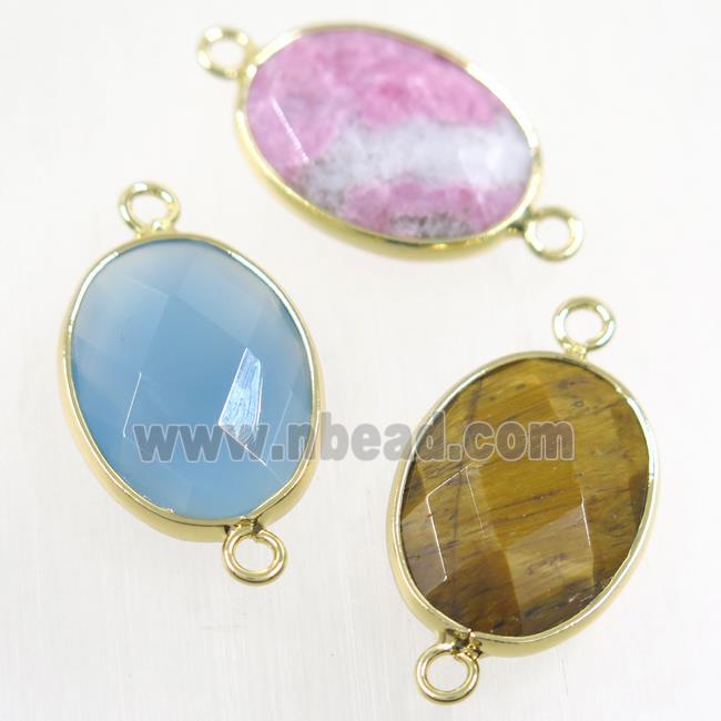 mix gemstone connector, faceted oval, gold plated