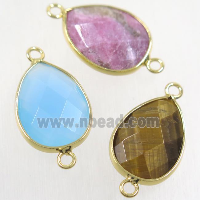 mix gemstone connector, faceted teardrop, gold plated