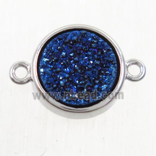 blue Druzy Agate connector, flat round, platinum plated