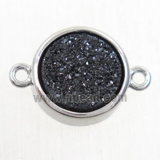 black Druzy Agate connector, flat round, platinum plated