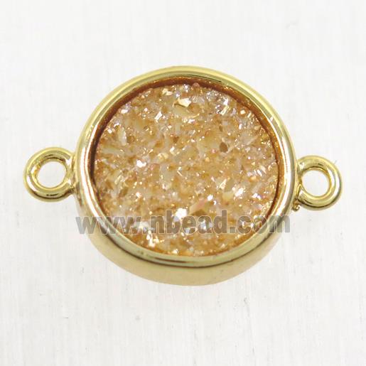 golden champagne Druzy Agate connector, flat round, gold plated