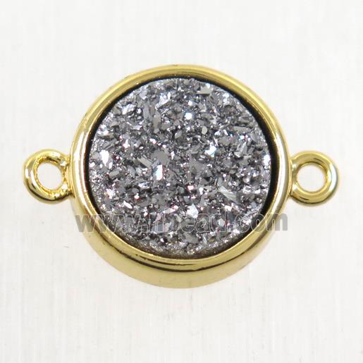 silver Druzy Agate connector, flat round, gold plated