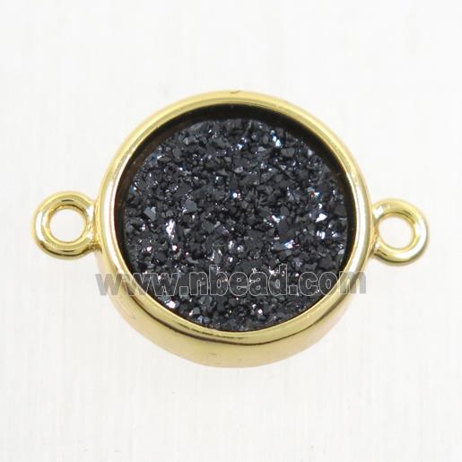black Druzy Agate connector, flat round, gold plated