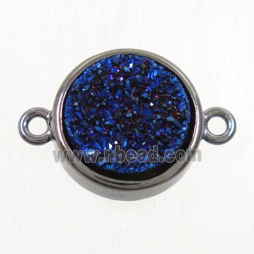 blue Druzy Agate connector, flat round, black plated