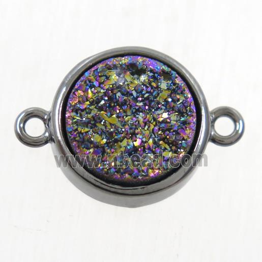 rainbow Druzy Agate connector, flat round, black plated
