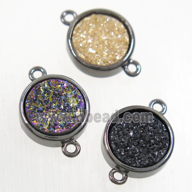 Druzy Agate connector, mixc olor, flat round, black plated