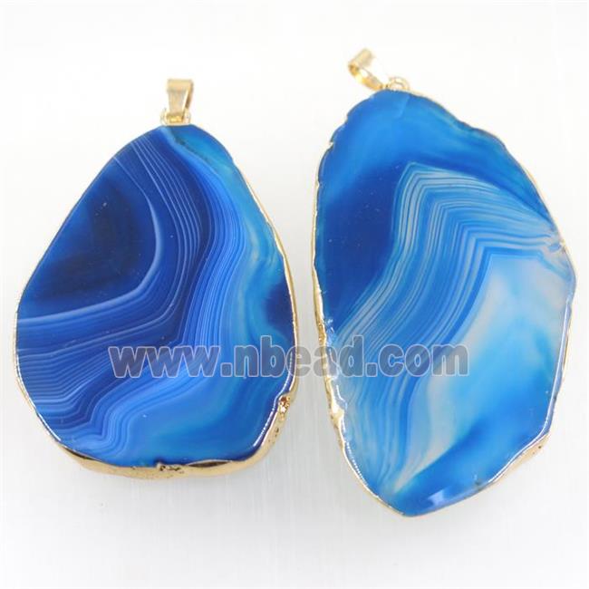 blue stripe Agate slice pendants, freeform, gold plated