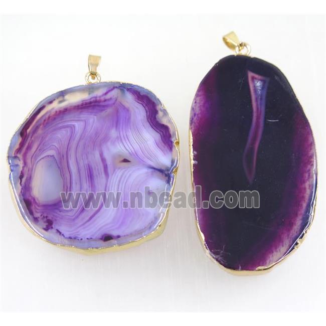 purple stripe Agate slice pendants, freeform, gold plated