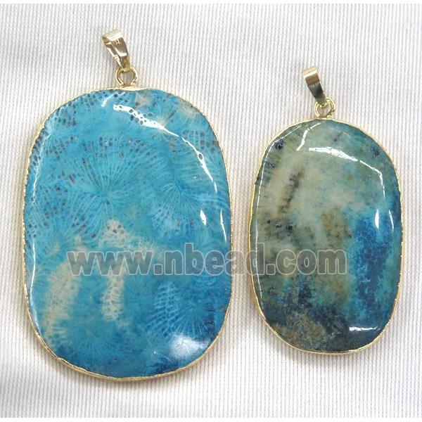 blue Coral Fossil pendant, dye, gold plated