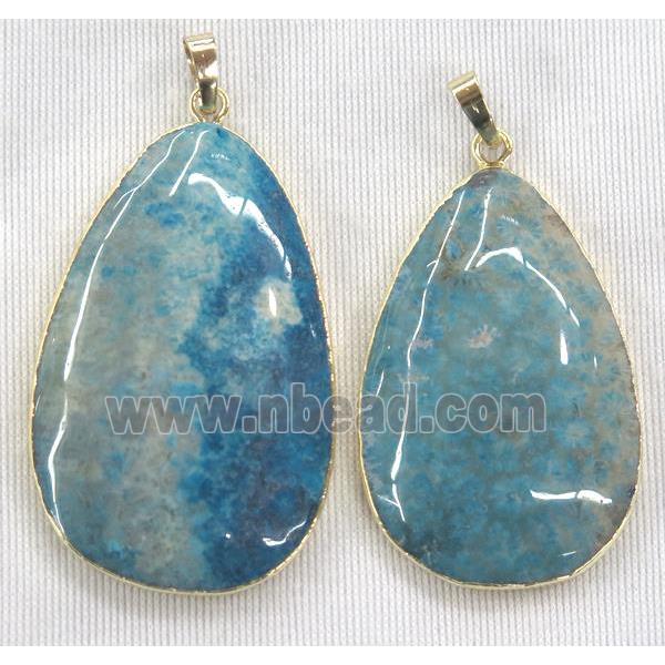 blue Coral Fossil teardrop pendant, dye, gold plated